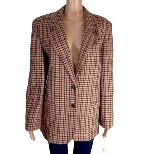 Vintage Wool Blend Houndstooth Two Button Front Tan Blazer Jacket Size 10